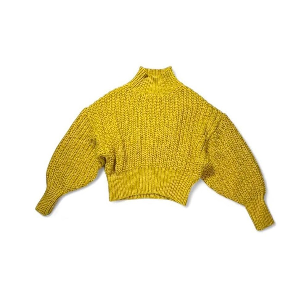 H&M Downtown Girl Mustard Yellow Chunky Ribbed Knit Crop Balloon Sleeve Sweater